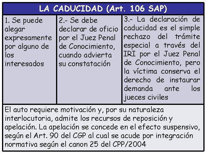 LA CADUCIDAD (Art. 106 SAP) 1. Se puede alegar expresamente por alguno de los