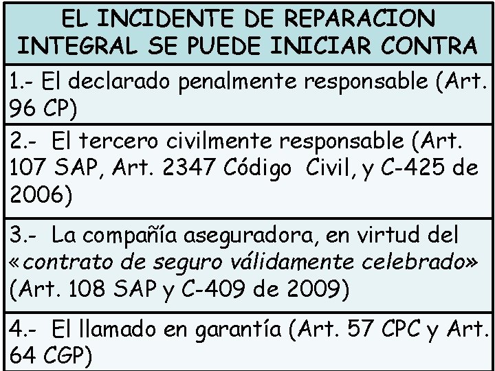 EL INCIDENTE DE REPARACION INTEGRAL SE PUEDE INICIAR CONTRA 1. - El declarado penalmente