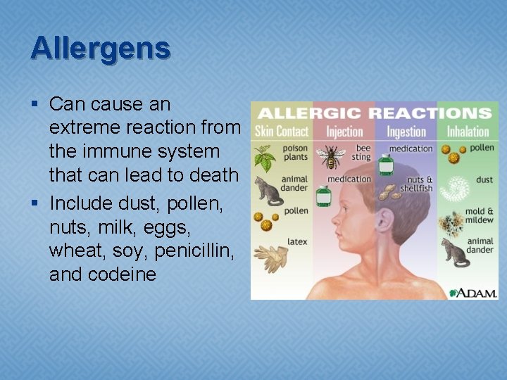 Allergens § Can cause an extreme reaction from the immune system that can lead