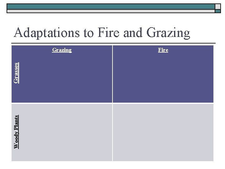 Adaptations to Fire and Grazing Woody Plants Grasses Grazing Fire 