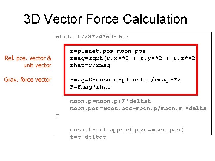 3 D Vector Force Calculation while t<28*24*60* 60: r=planet. pos-moon. pos rmag=sqrt(r. x **2