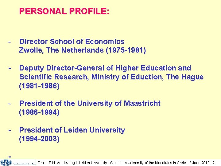 PERSONAL PROFILE: - Director School of Economics Zwolle, The Netherlands (1975 -1981) - Deputy