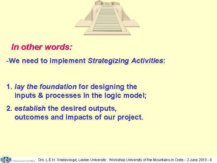 In other words: -We need to implement Strategizing Activities: 1. lay the foundation for