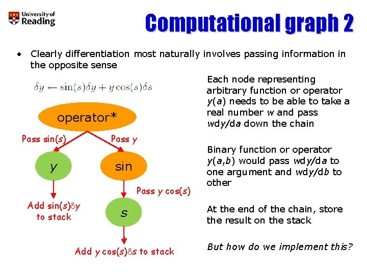 Computational graph 2 • Clearly differentiation most naturally involves passing information in the opposite