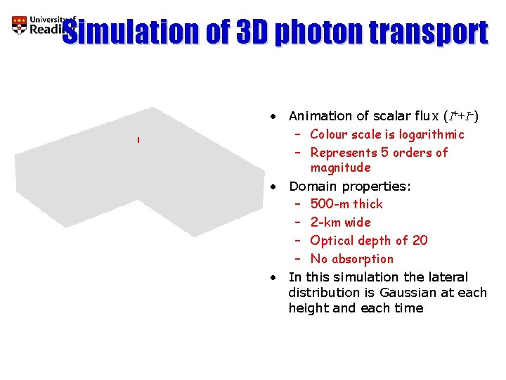 Simulation of 3 D photon transport • Animation of scalar flux (I++I–) – Colour