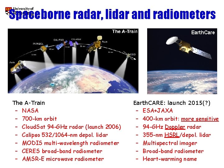 Spaceborne radar, lidar and radiometers Earth. Care The A-Train – NASA – 700 -km