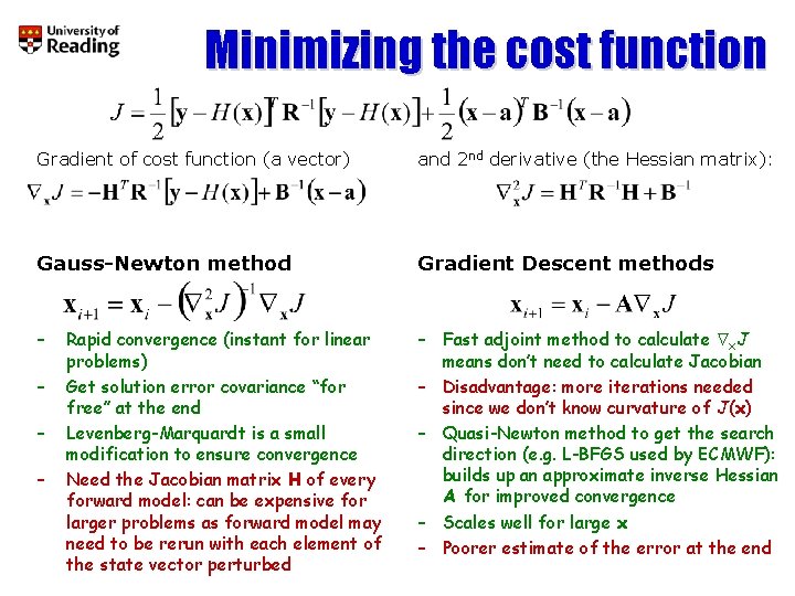 Minimizing the cost function Gradient of cost function (a vector) and 2 nd derivative