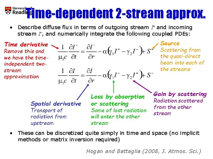 Time-dependent 2 -stream approx. • Describe diffuse flux in terms of outgoing stream I+