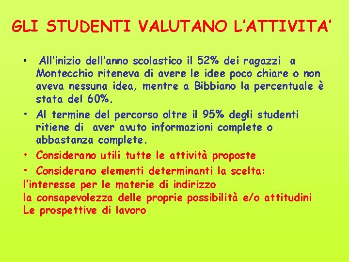 GLI STUDENTI VALUTANO L’ATTIVITA’ • All’inizio dell’anno scolastico il 52% dei ragazzi a Montecchio