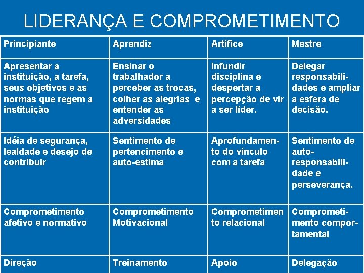 LIDERANÇA E COMPROMETIMENTO Principiante Aprendiz Artífice Mestre Apresentar a instituição, a tarefa, seus objetivos