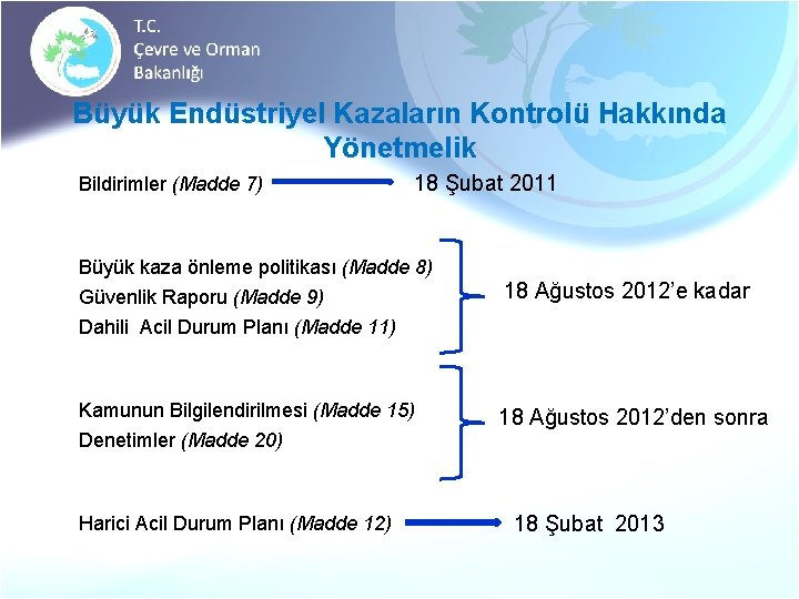 Büyük Endüstriyel Kazaların Kontrolü Hakkında Yönetmelik � Bildirimler (Madde 7) 18 Şubat 2011 �