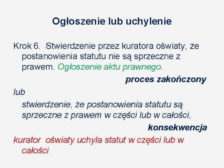 Ogłoszenie lub uchylenie Krok 6. Stwierdzenie przez kuratora oświaty, że postanowienia statutu nie są