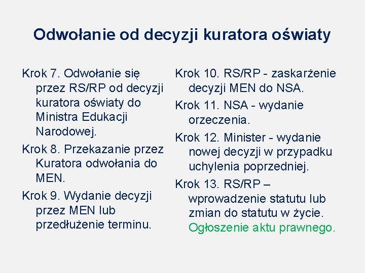 Odwołanie od decyzji kuratora oświaty Krok 7. Odwołanie się przez RS/RP od decyzji kuratora