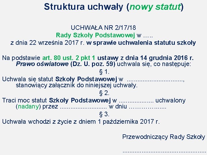 Struktura uchwały (nowy statut) UCHWAŁA NR 2/17/18 Rady Szkoły Podstawowej w …. . z