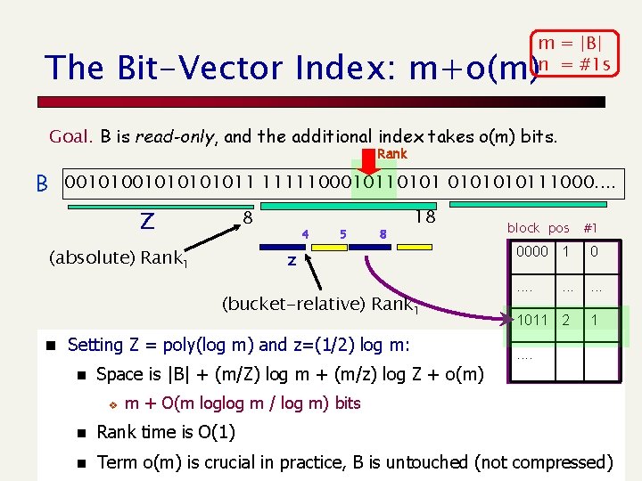 m = |B| n = #1 s The Bit-Vector Index: m+o(m) Goal. B is
