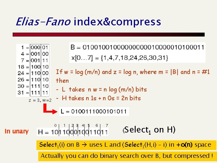 Elias-Fano index&compress z = 3, w=2 In unary If w = log (m/n) and