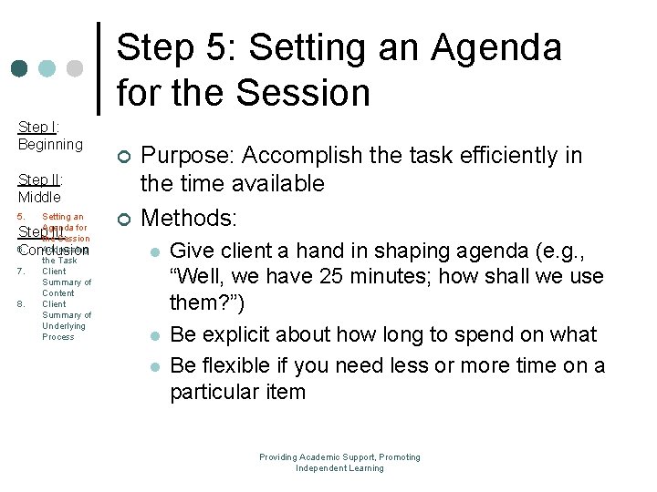 Step 5: Setting an Agenda for the Session Step I: Beginning ¢ Step II: Step 5: Setting an Agenda for the Session Step I: Beginning ¢ Step II: