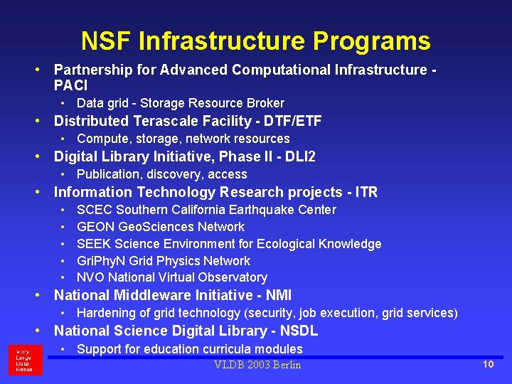 NSF Infrastructure Programs • Partnership for Advanced Computational Infrastructure PACI • Data grid -