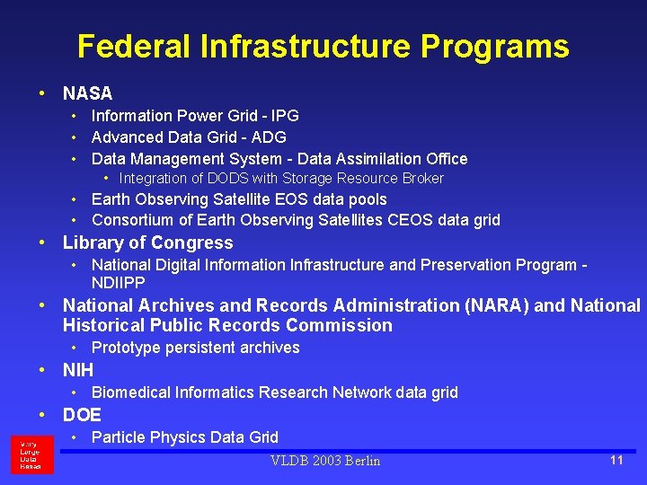 Federal Infrastructure Programs • NASA • Information Power Grid - IPG • Advanced Data