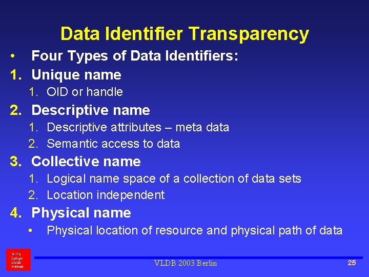Data Identifier Transparency • Four Types of Data Identifiers: 1. Unique name 1. OID