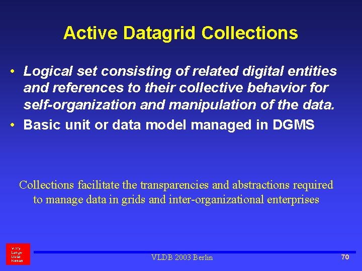 Active Datagrid Collections • Logical set consisting of related digital entities and references to