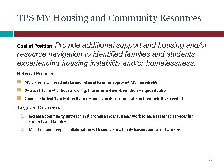 TPS MV Housing and Community Resources Goal of Position: Provide additional support and housing