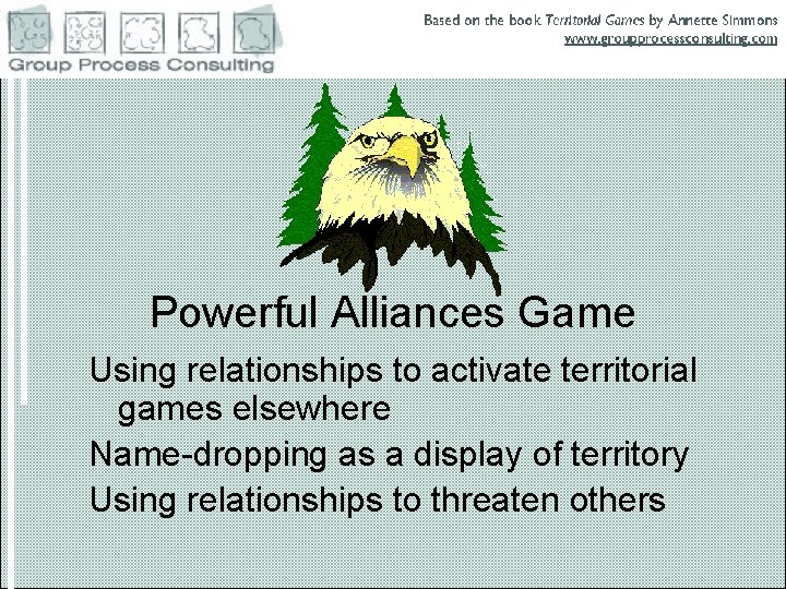 Powerful Alliances Game Using relationships to activate territorial games elsewhere Name-dropping as a display