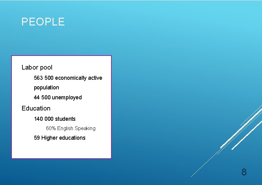 PEOPLE Labor pool 563 500 economically active population 44 500 unemployed Education 140 000