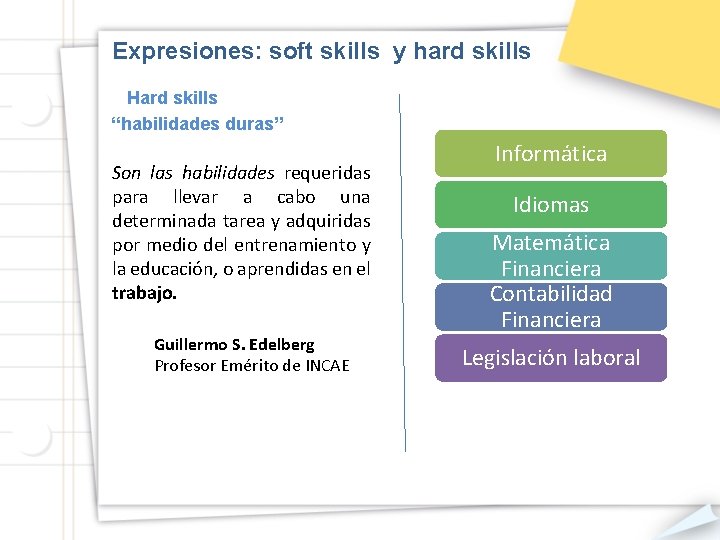 Expresiones: soft skills y hard skills Hard skills “habilidades duras” Son las habilidades requeridas