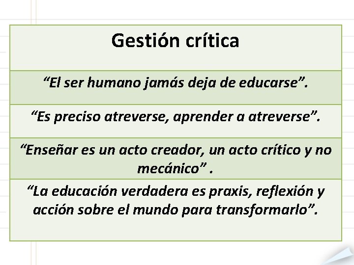 Gestión crítica “El ser humano jamás deja de educarse”. “Es preciso atreverse, aprender a