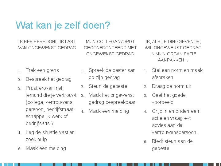 Wat kan je zelf doen? IK HEB PERSOONLIJK LAST VAN ONGEWENST GEDRAG 1. Trek