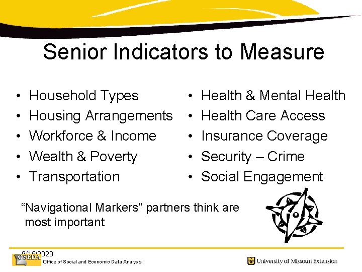 Senior Indicators to Measure • • • Household Types Housing Arrangements Workforce & Income