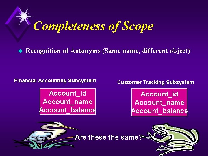 Completeness of Scope u Recognition of Antonyms (Same name, different object) Financial Accounting Subsystem