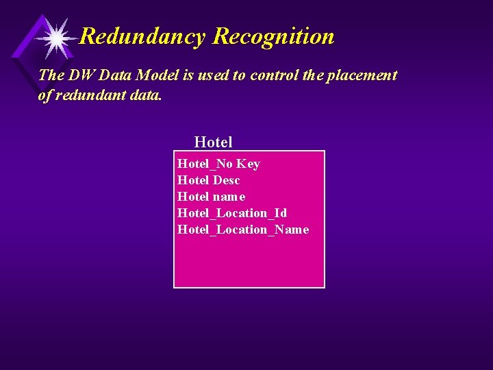 Redundancy Recognition The DW Data Model is used to control the placement of redundant
