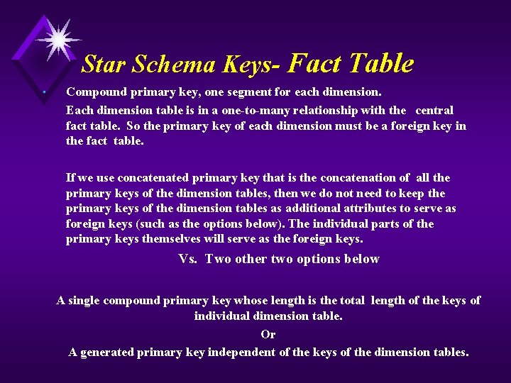Star Schema Keys- Fact Table • Compound primary key, one segment for each dimension.