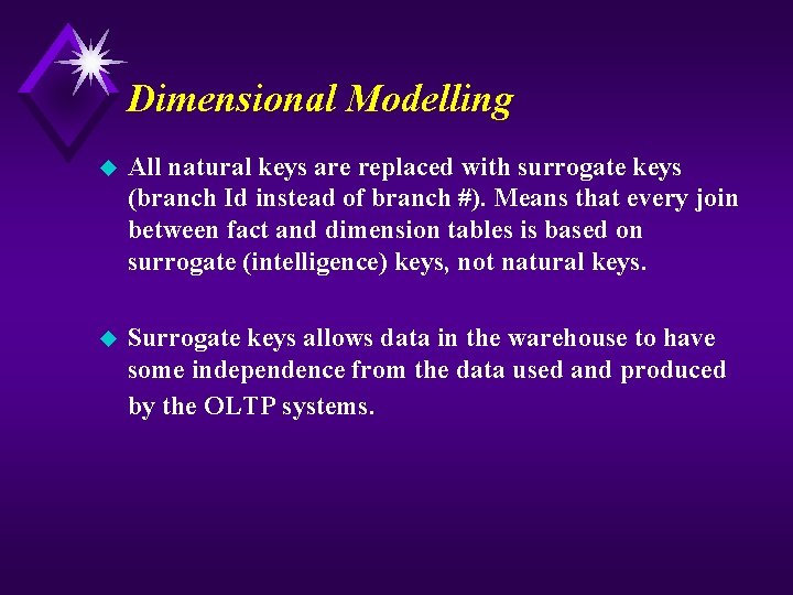 Dimensional Modelling u All natural keys are replaced with surrogate keys (branch Id instead