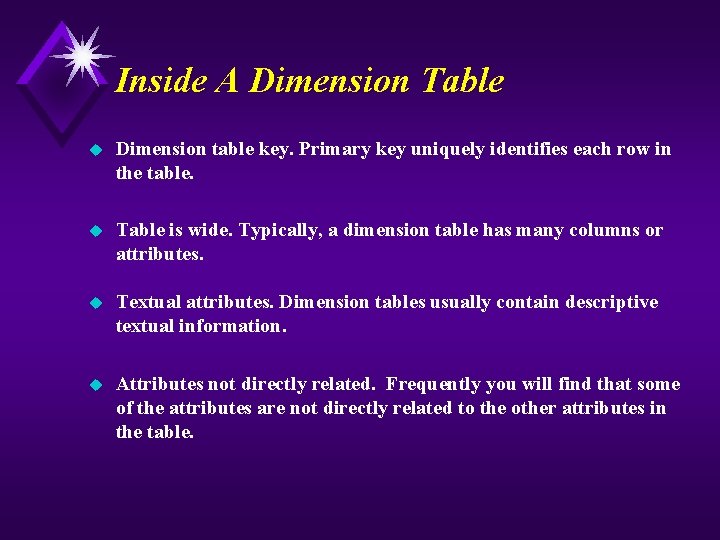 Inside A Dimension Table u Dimension table key. Primary key uniquely identifies each row