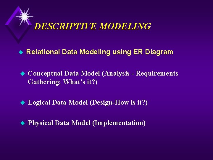 DESCRIPTIVE MODELING u Relational Data Modeling using ER Diagram u Conceptual Data Model (Analysis