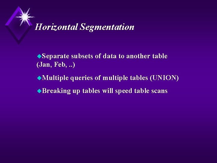 Horizontal Segmentation u. Separate subsets of data to another table (Jan, Feb, . .