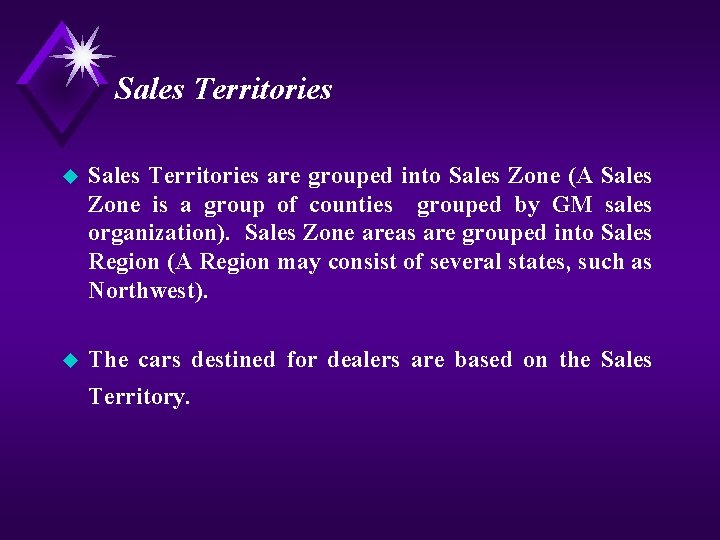 Sales Territories u Sales Territories are grouped into Sales Zone (A Sales Zone is
