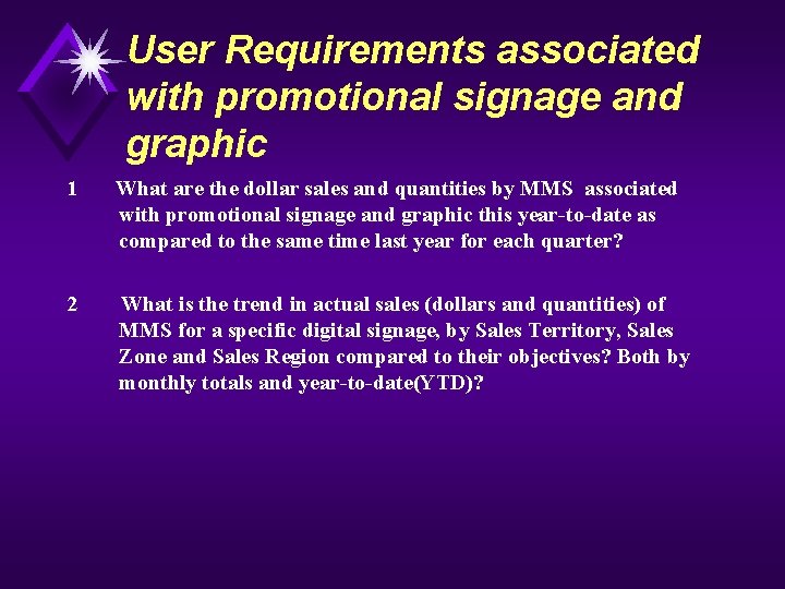 User Requirements associated with promotional signage and graphic 1 What are the dollar sales