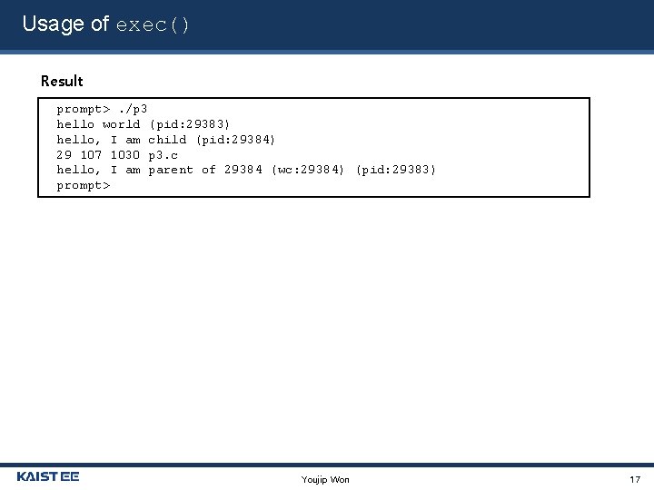 Usage of exec() Result prompt>. /p 3 hello world (pid: 29383) hello, I am