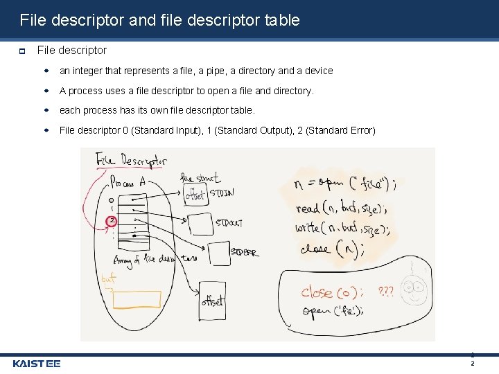 File descriptor and file descriptor table File descriptor an integer that represents a file,