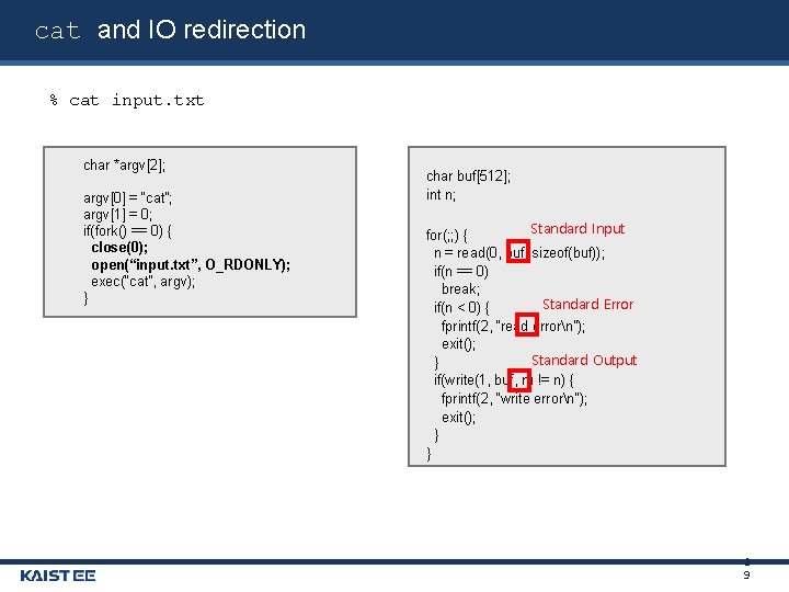 cat and IO redirection % cat input. txt char *argv[2]; argv[0] = “cat”; argv[1]