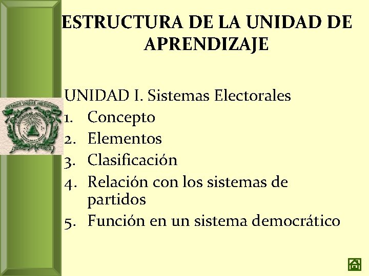 ESTRUCTURA DE LA UNIDAD DE APRENDIZAJE UNIDAD I. Sistemas Electorales 1. Concepto 2. Elementos