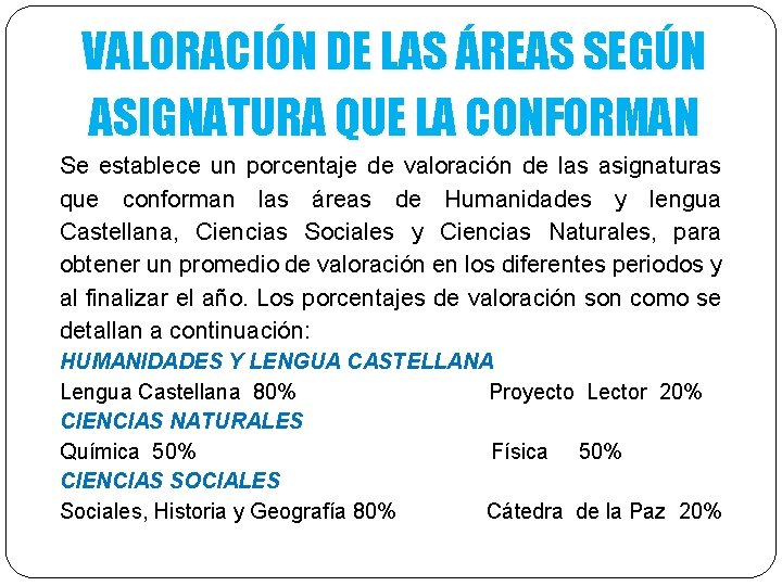 VALORACIÓN DE LAS ÁREAS SEGÚN ASIGNATURA QUE LA CONFORMAN Se establece un porcentaje de