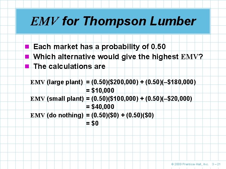EMV for Thompson Lumber n Each market has a probability of 0. 50 n