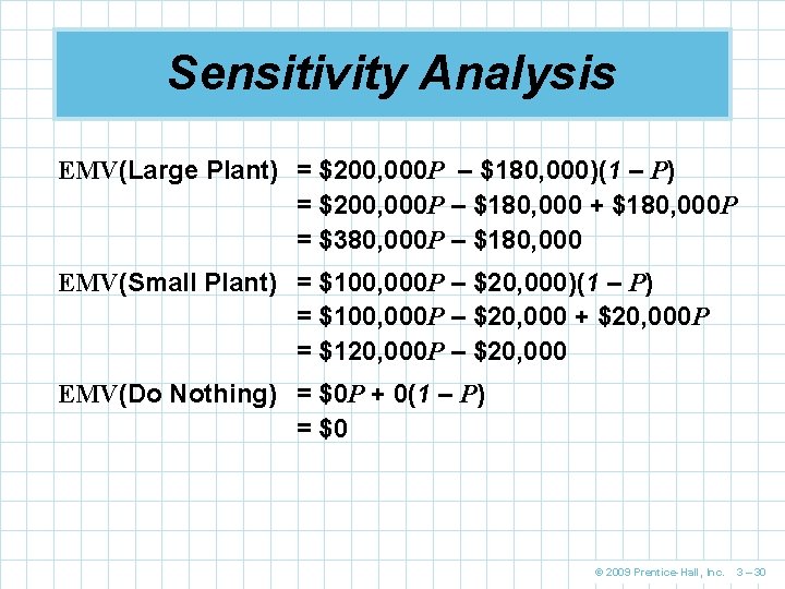 Sensitivity Analysis EMV(Large Plant) = $200, 000 P – $180, 000)(1 – P) =