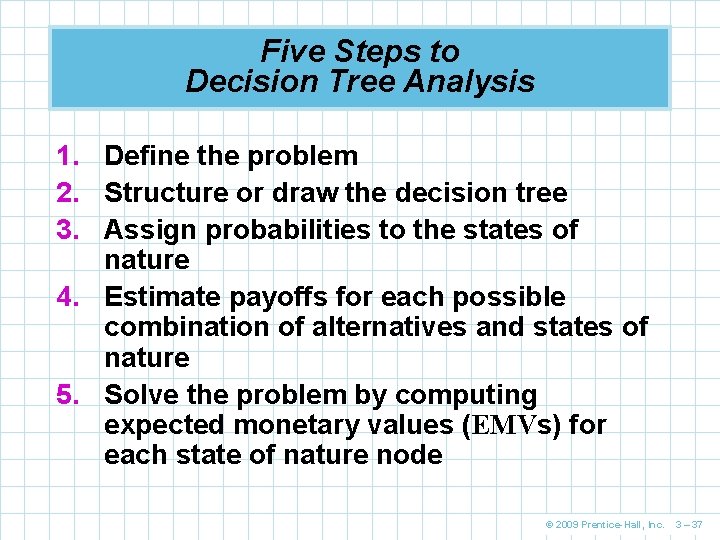Five Steps to Decision Tree Analysis 1. Define the problem 2. Structure or draw