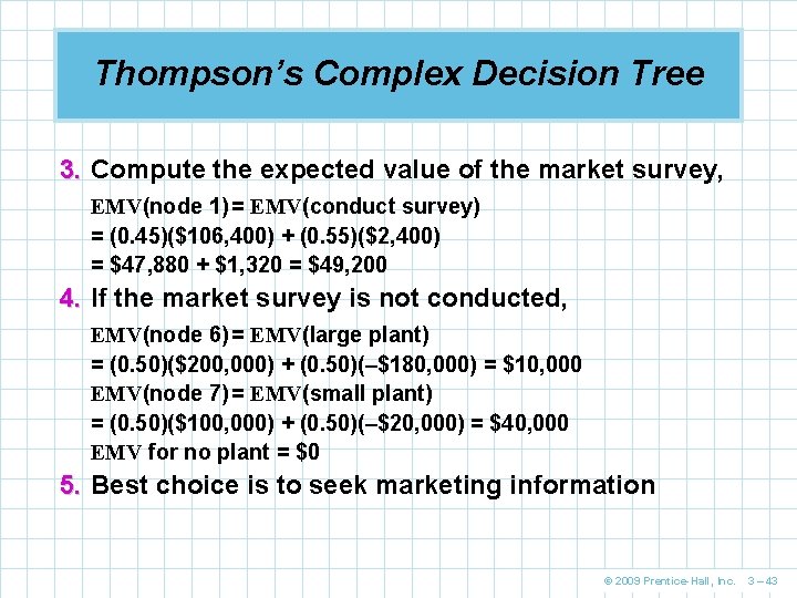 Thompson’s Complex Decision Tree 3. Compute the expected value of the market survey, EMV(node